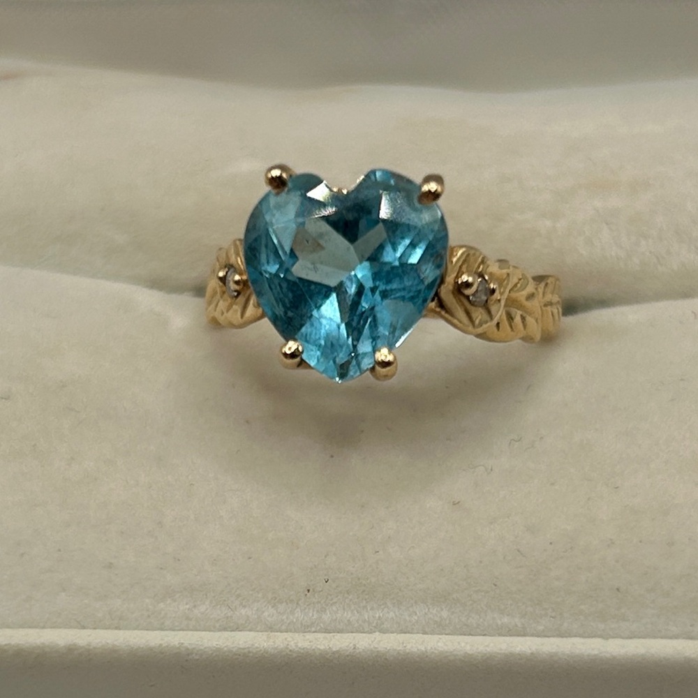 14k Solid Gold Ring Blue Heart 10mm Topaz and Diamond Gemstone - Picture 12 of 13